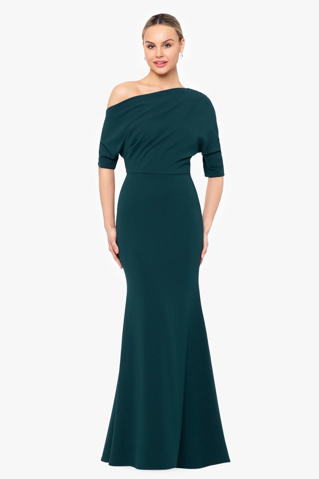 Betsy And Adam Madeline Long Scuba Crepe Off The Shoulder Drop Dress Sz 12 Pine